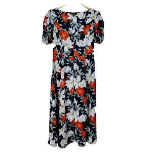 Lulus Pretty Poppies Navy Floral Midi Dress‎ Size M